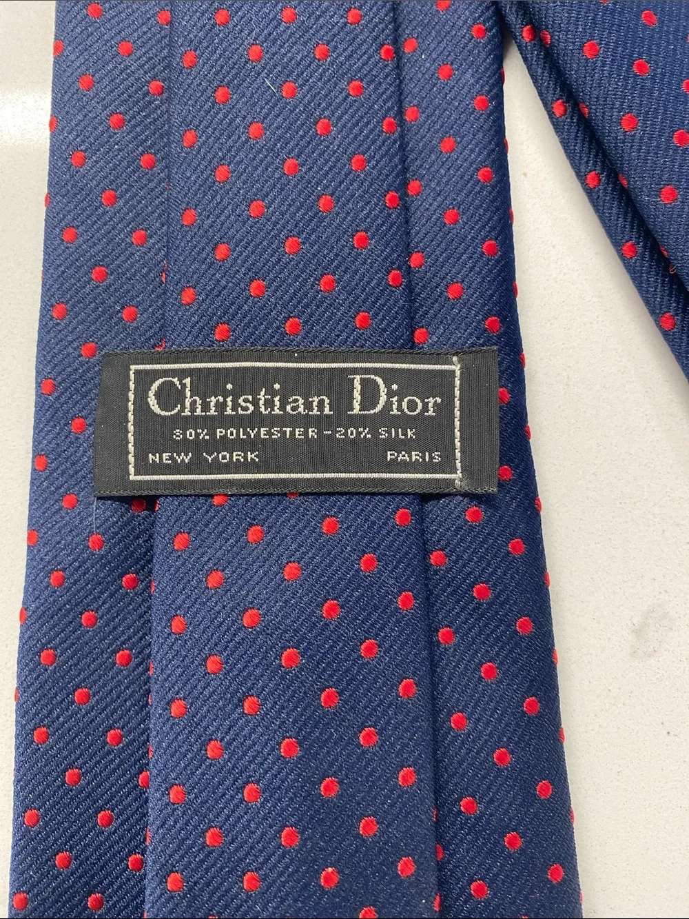 Vintage Christian Dior Navy with Red Dots Polyester/Silk Tie w/Dior Logo Tip ✨